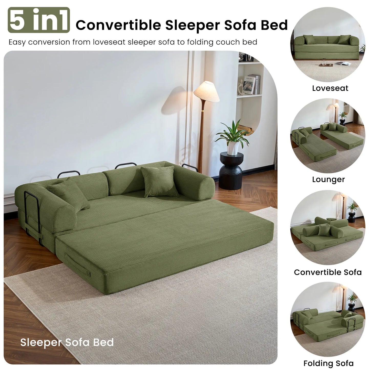 Corduroy Upholstered Folding Convertible Sofa Bed Loveseat Sleeper