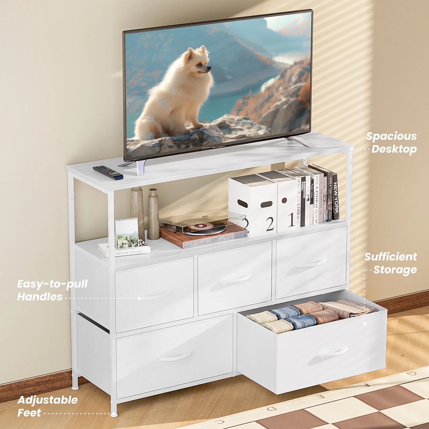 MCQ TV Stand Dresser With Five Fabric Storage Drawers Console