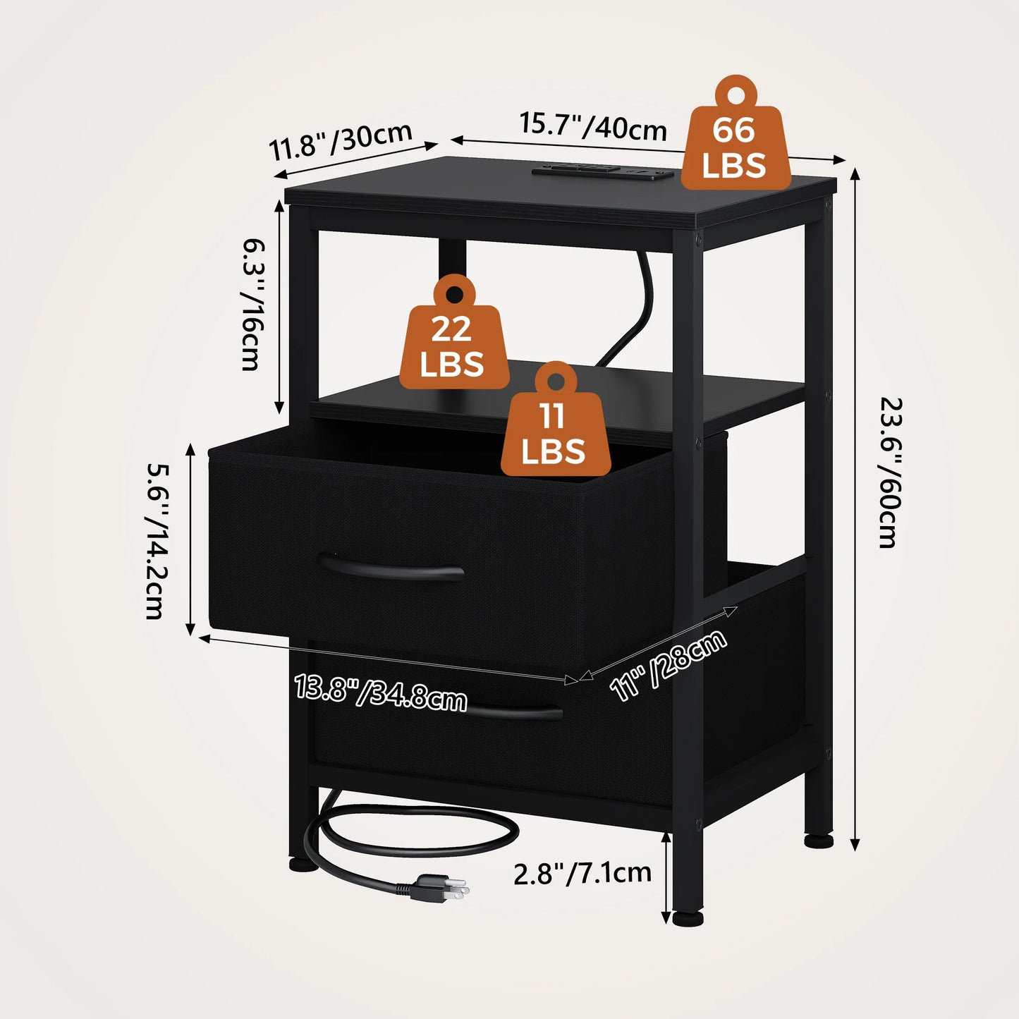 JHK Fabric Drawers Nightstand With USB Charging Station And Shelf