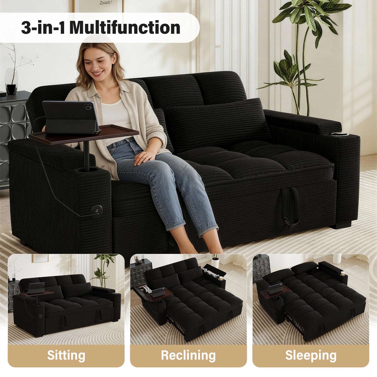 65 Inch Folding Convertible Sofa Bed With 360 Swivel Table