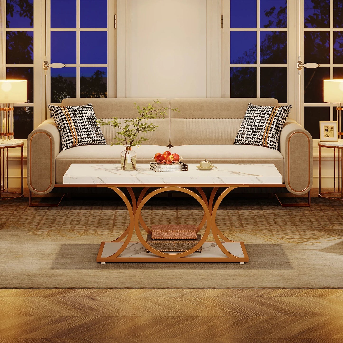 Tribesigns Rectangle Coffee Table Two Tier Faux Marble Wood