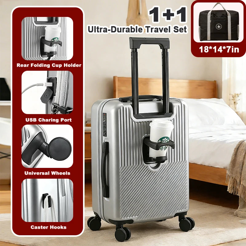 Carry On Luggage Set Cup Holder Spinner Wheels TSA Lock