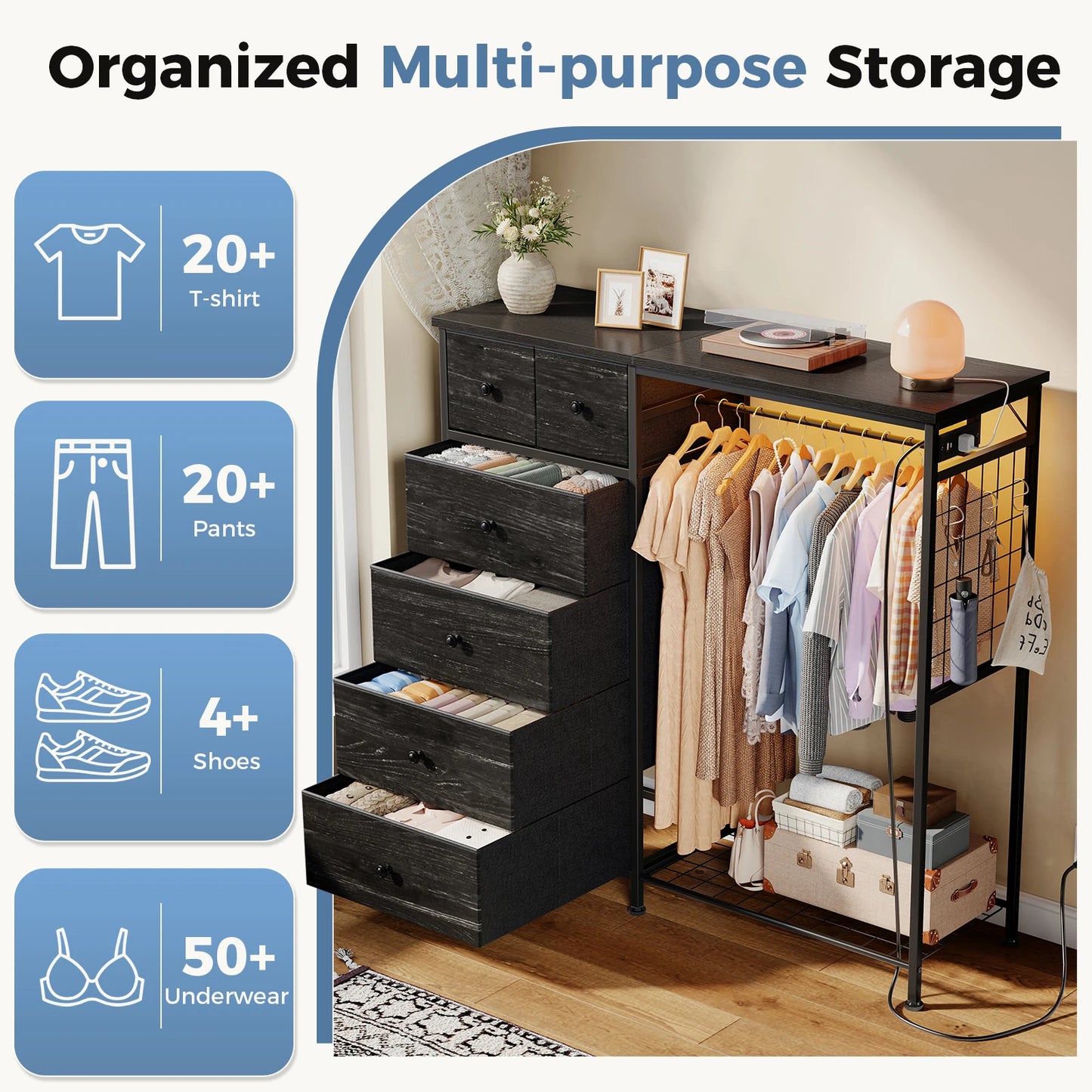 JHK Six Drawer Fabric Dresser With Hanging Rack And LED Lights