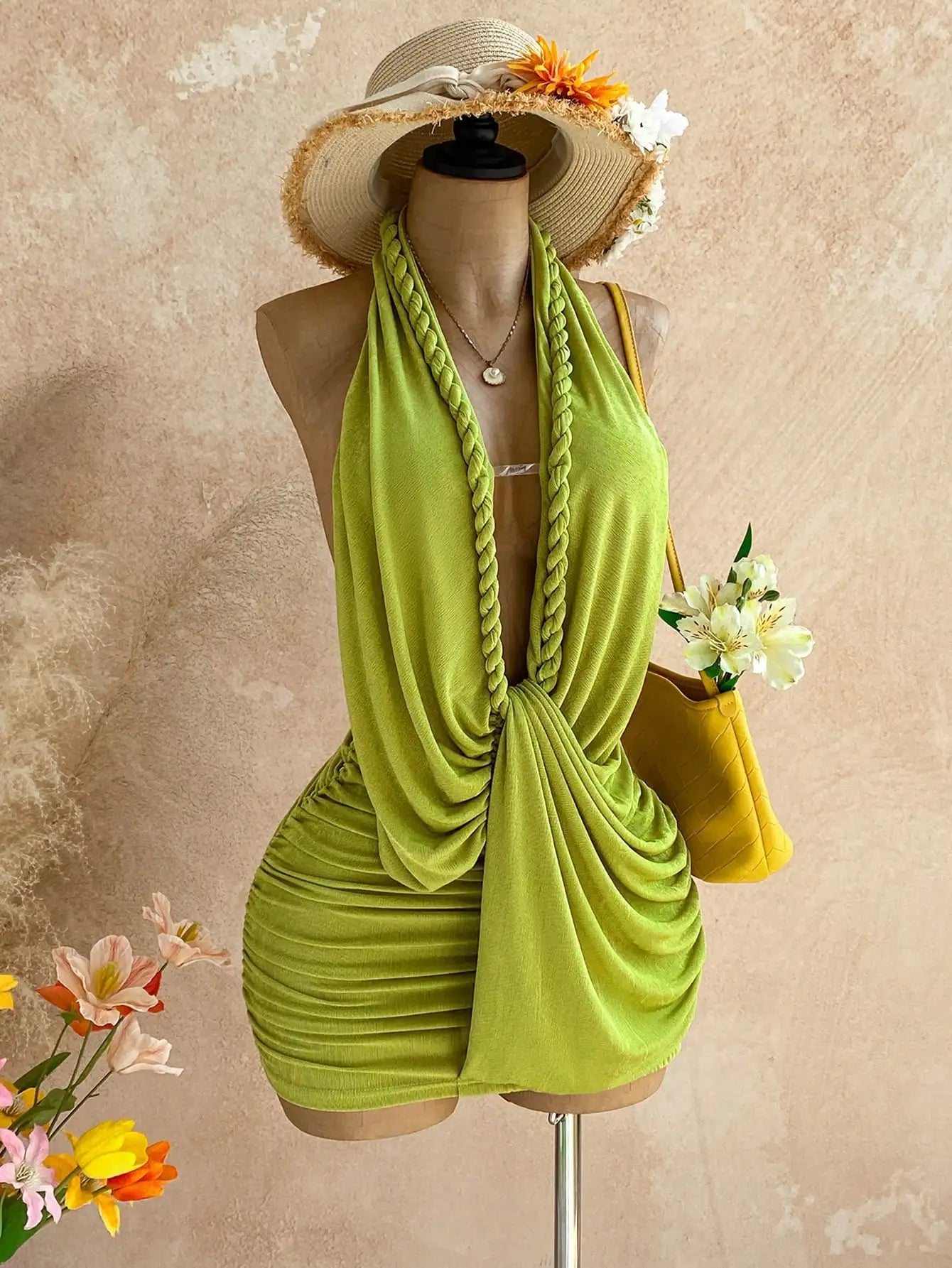 Womens Backless Halter Mini Dress Polyester For Beach Vacation