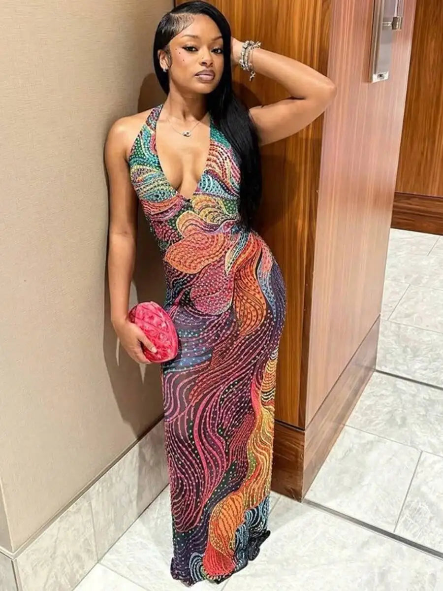 Elegant Halter Neck Floor Length Dress For Women Festival Prom