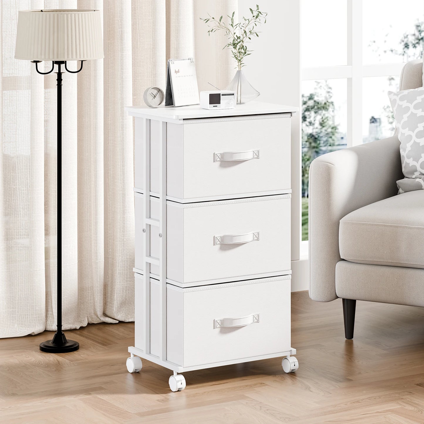 JHK 3 Drawer Dresser With Wheels Metal Frame Storage Cabinet For Closet Bedroom