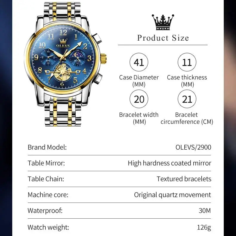 OLEVS Moon Phase Skeleton Chronograph Quartz Mens Stainless Steel Watch