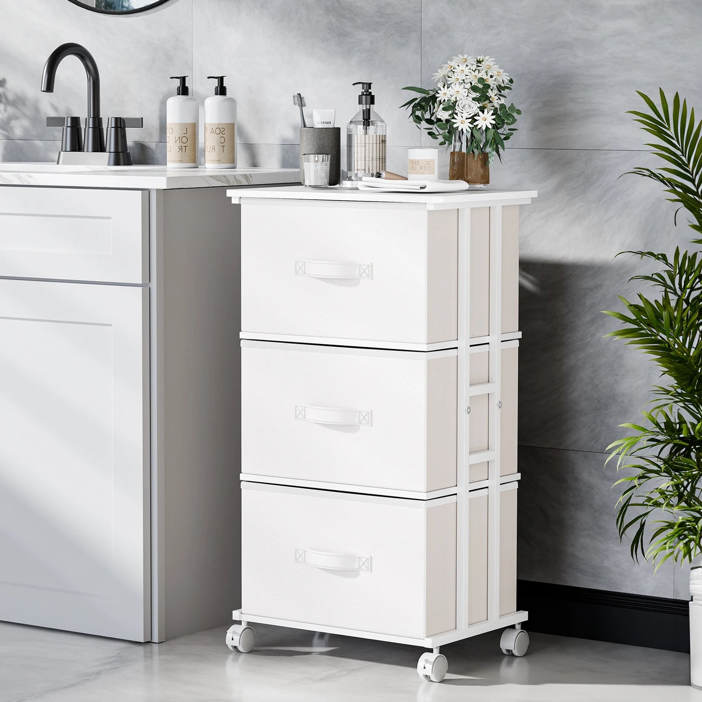 JHK 3 Drawer Dresser With Wheels Metal Frame Storage Cabinet For Closet Bedroom