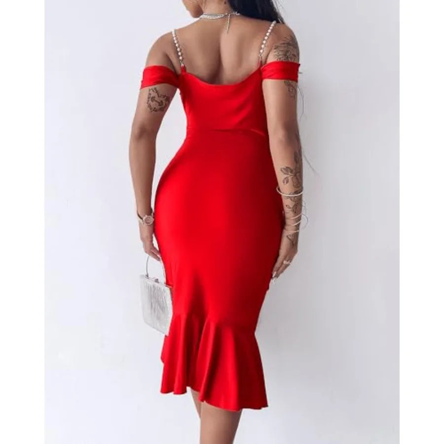 Womens Bodycon Party Dress Off The Shoulder Pearls Strap Midi Dress