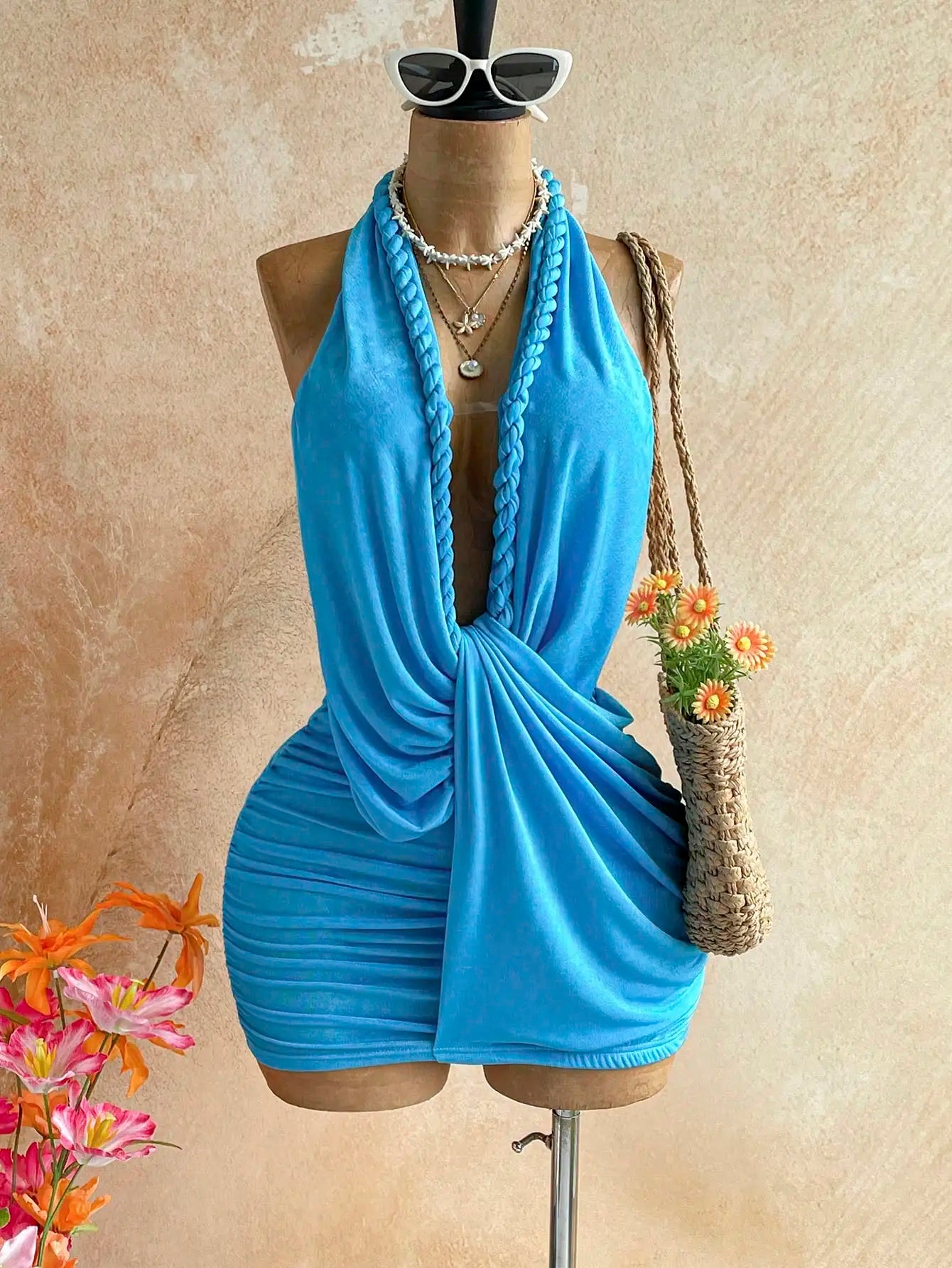 Womens Backless Halter Mini Dress Polyester For Beach Vacation