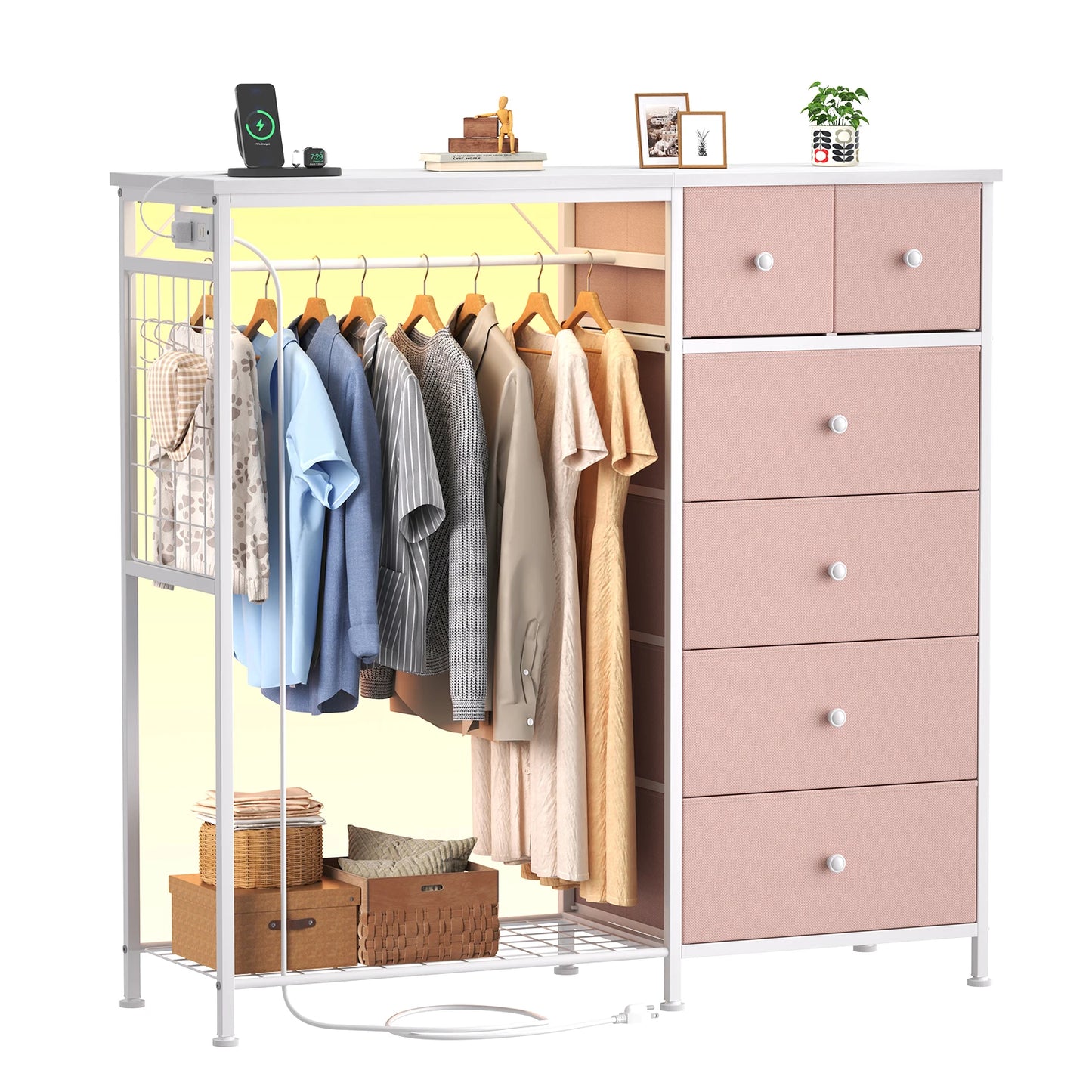 JHK Six Drawer Fabric Dresser With Hanging Rack And LED Lights