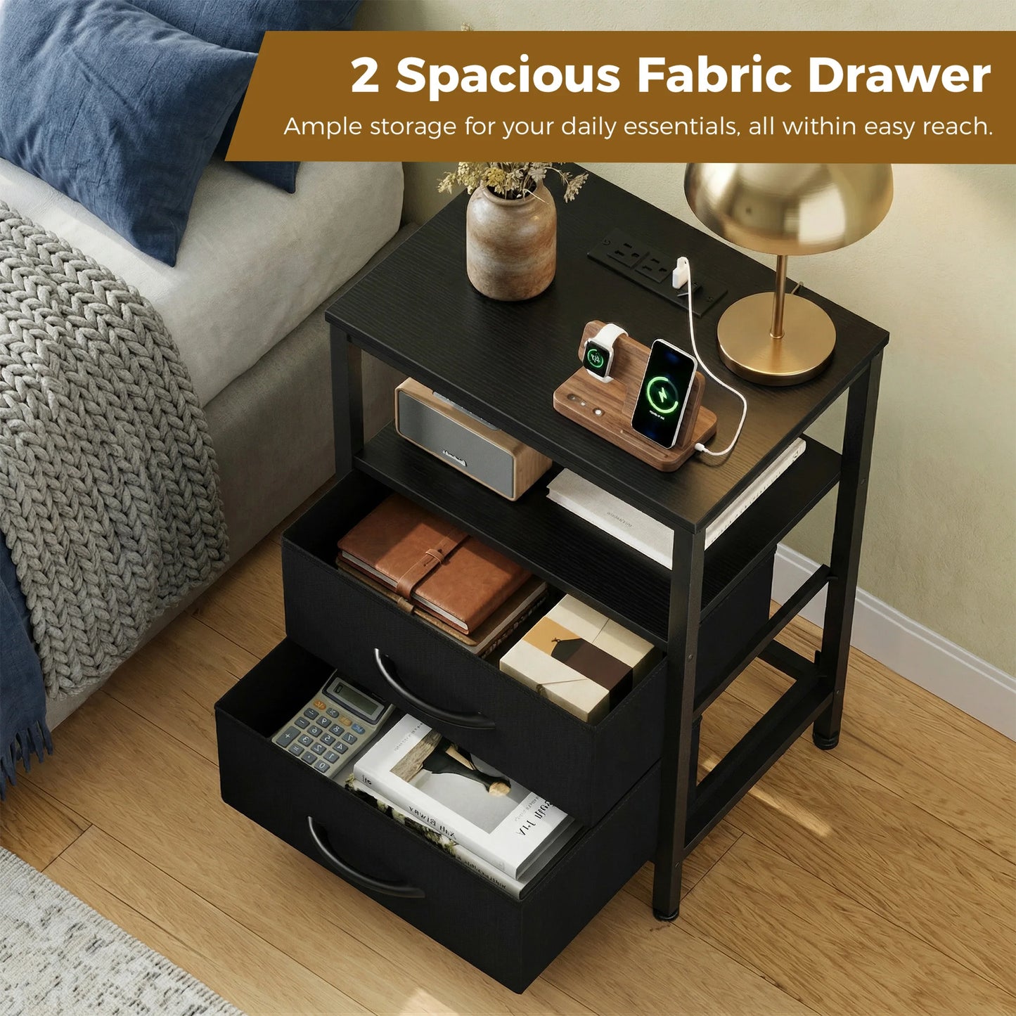 JHK Fabric Drawers Nightstand With USB Charging Station And Shelf
