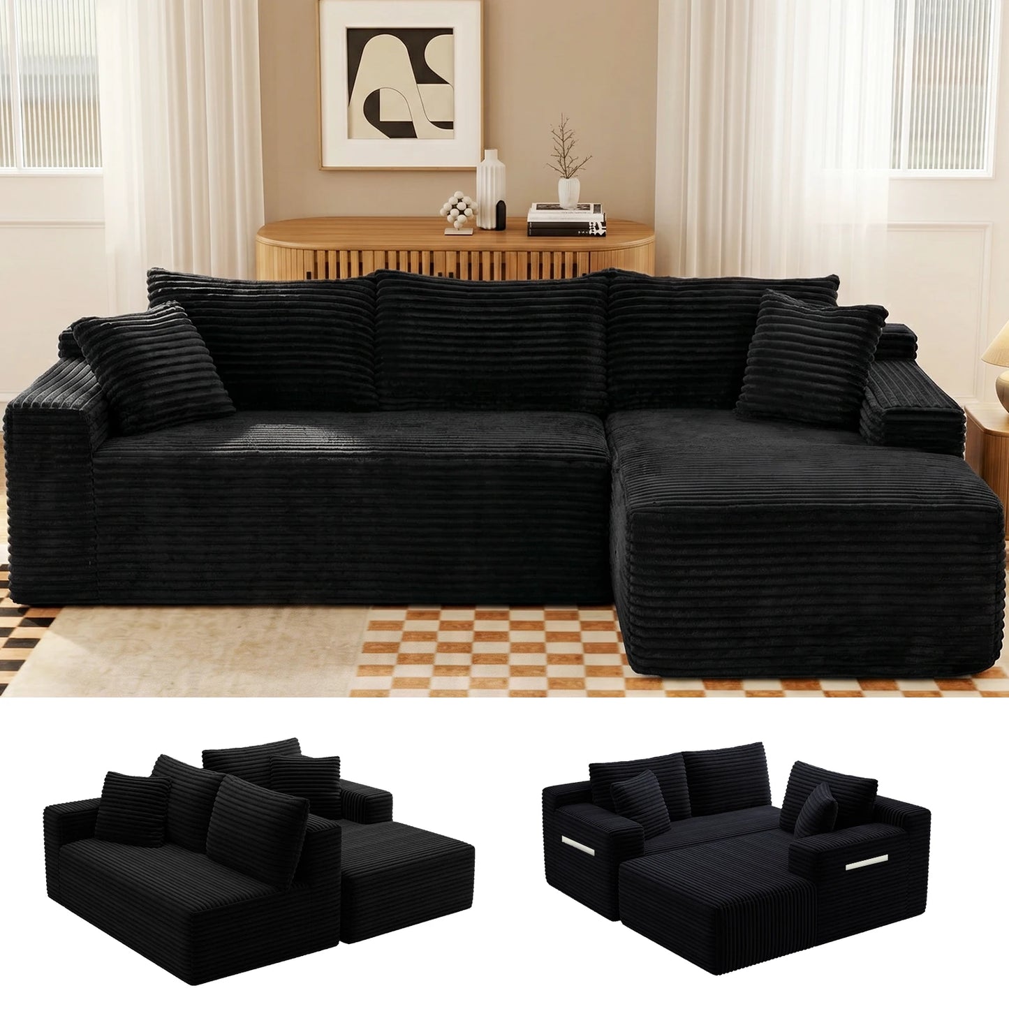 Corduroy Modular Sectional Sofa L Shape Chaise For Living Room