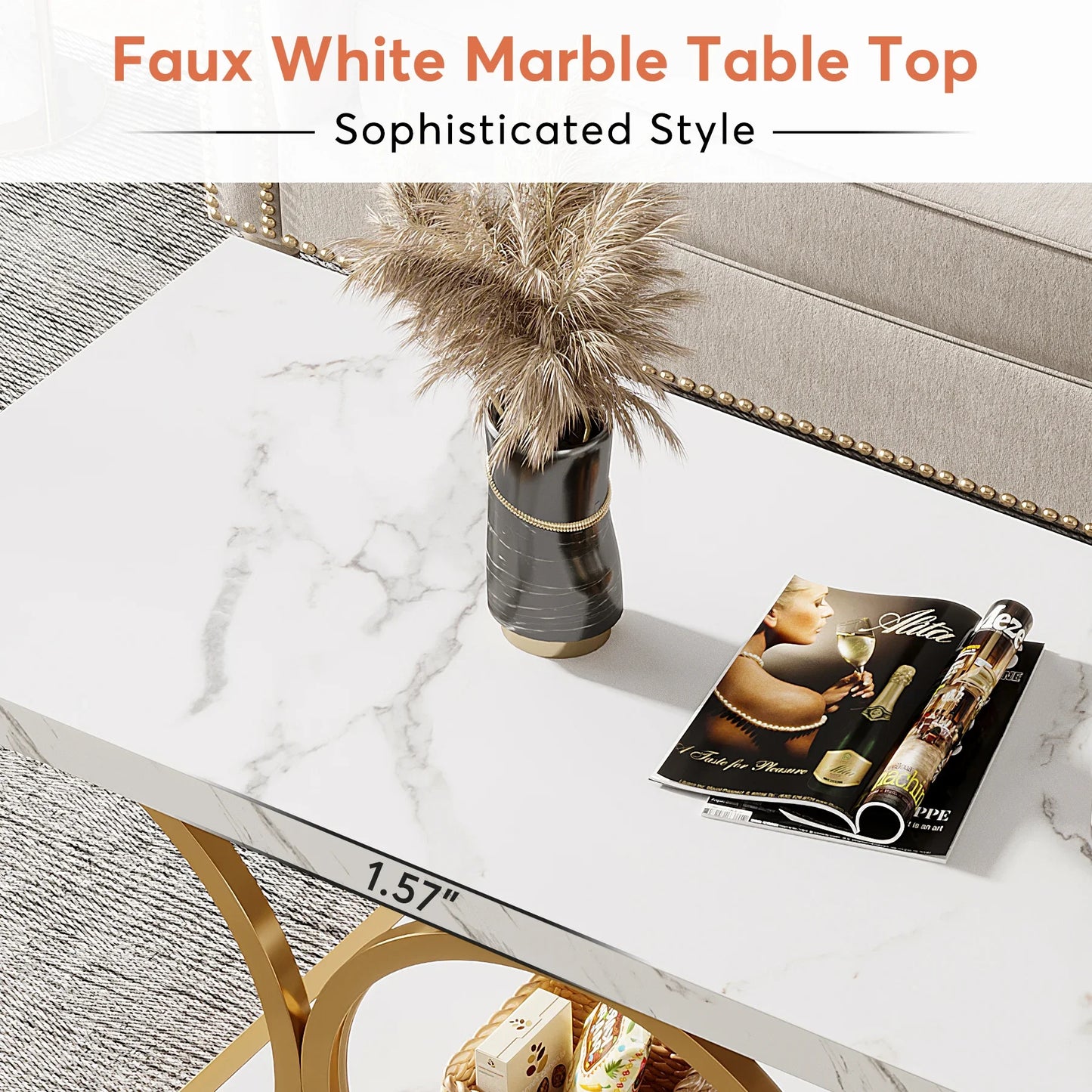 Tribesigns Rectangle Coffee Table Two Tier Faux Marble Wood