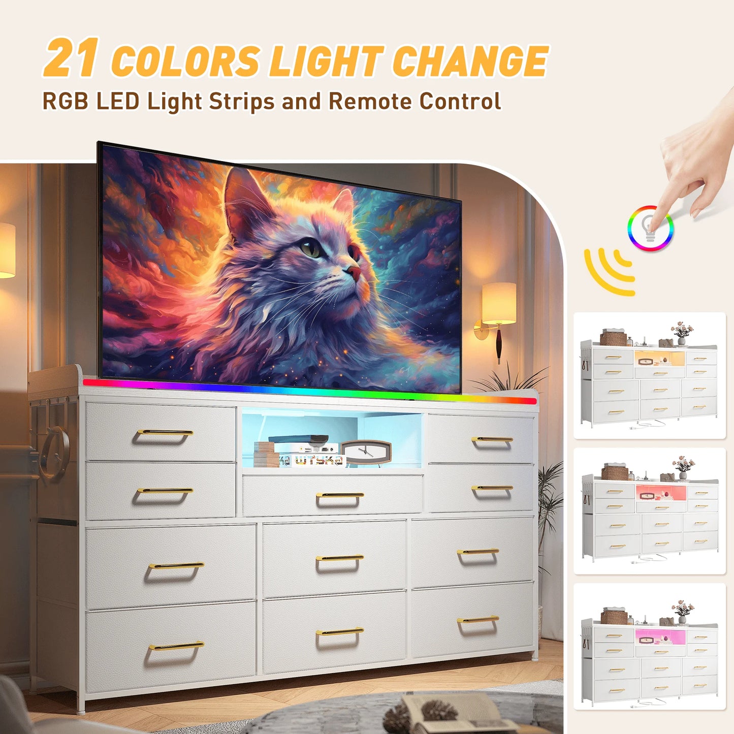 TV Stand With 11 Drawers LED Lighting Shelves And Power Outlets