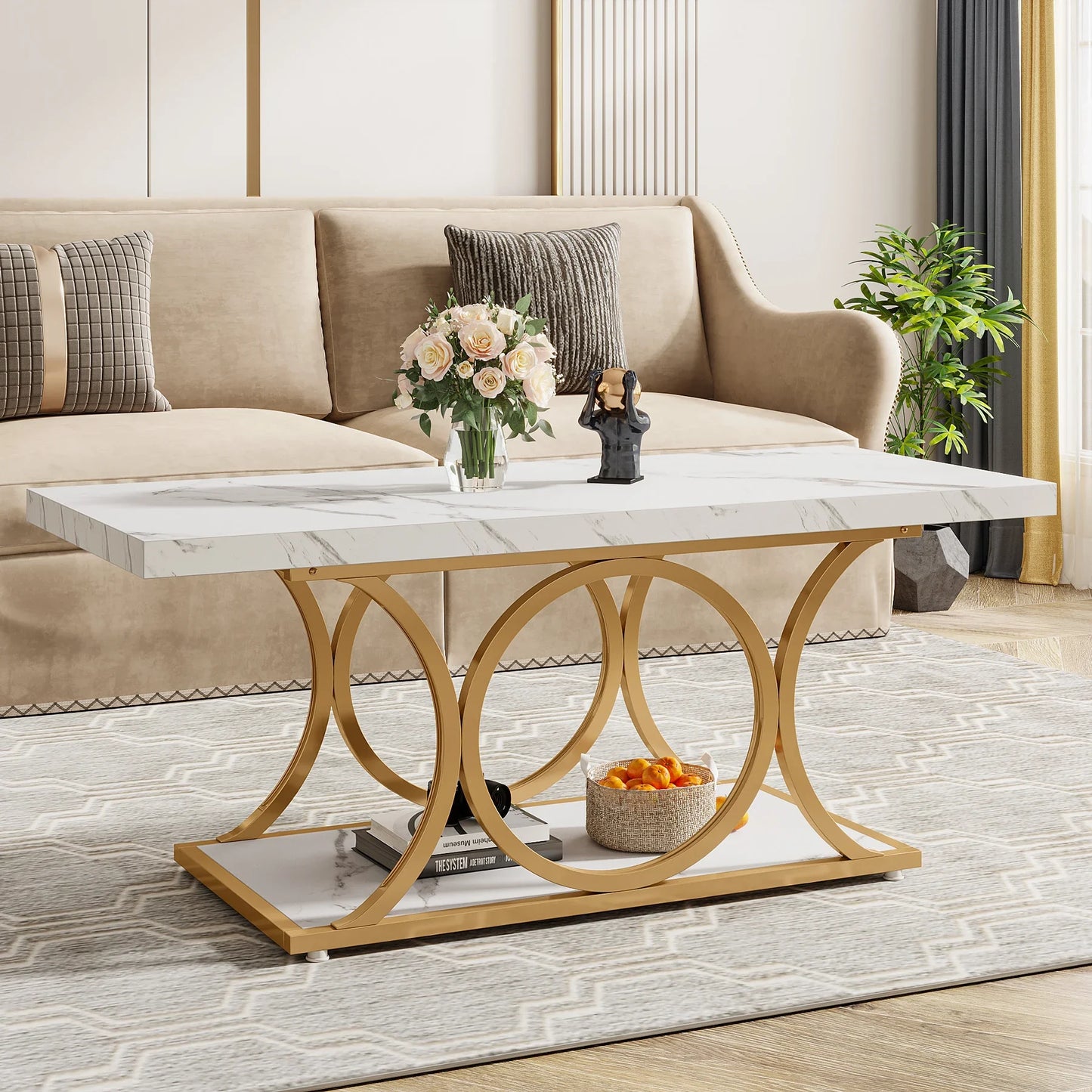 Tribesigns Rectangle Coffee Table Two Tier Faux Marble Wood