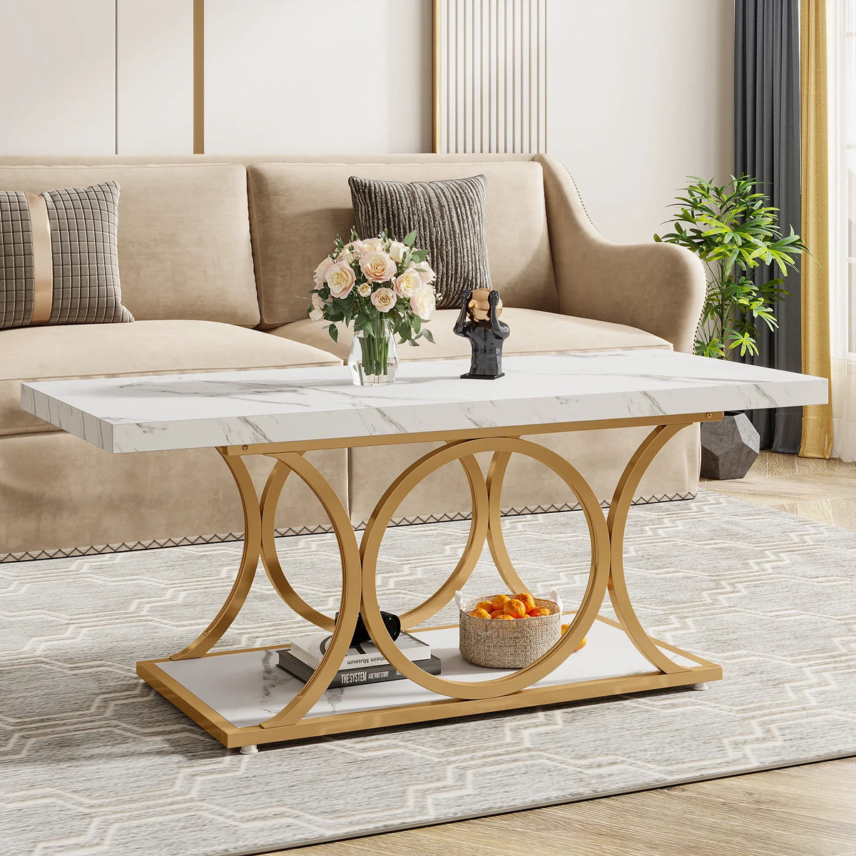 Tribesigns Modern Rectangle Faux Marble Two Tier Wood Coffee Table