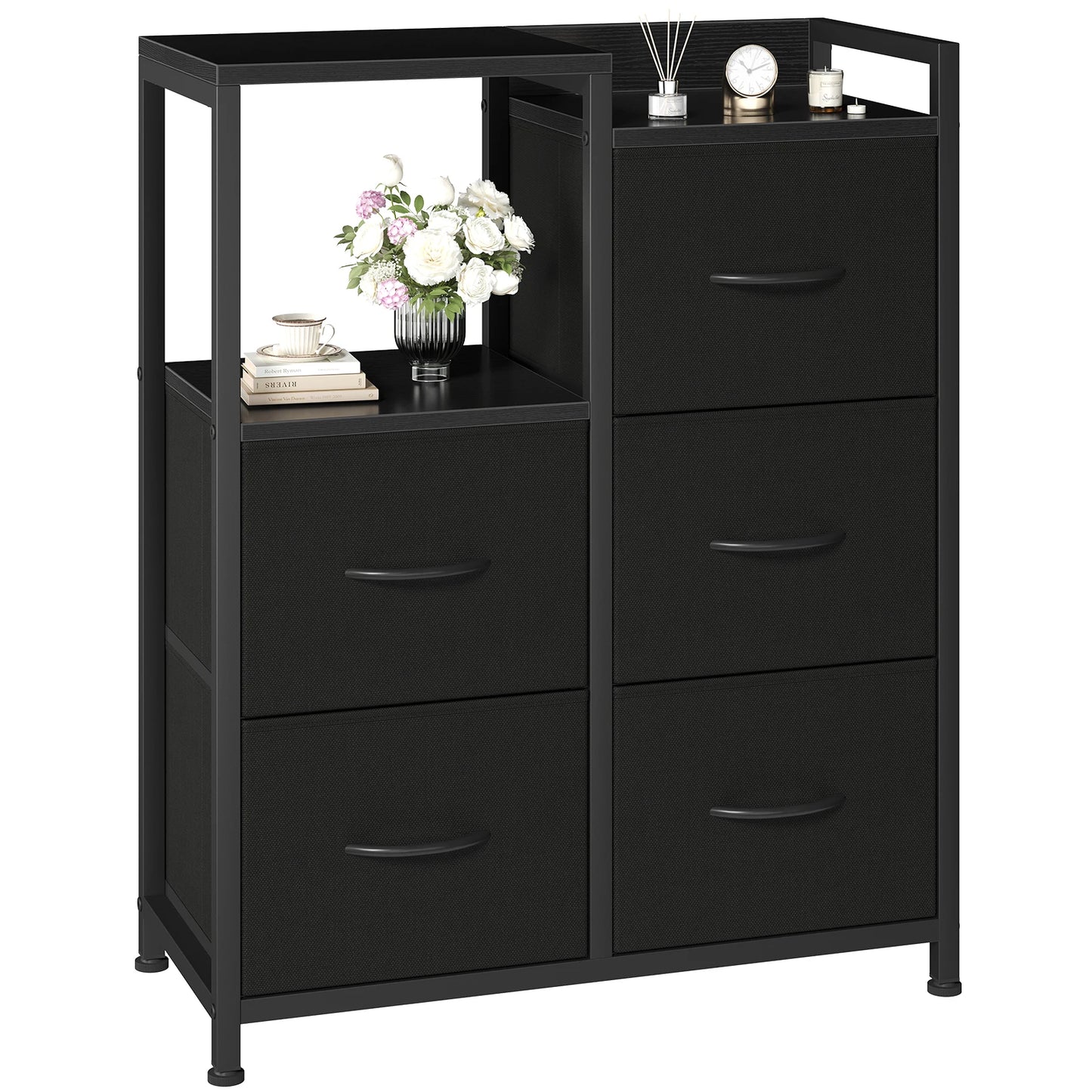 JHK 5 Fabric Drawer Chest With Raised Shelf Metal Frame TV Stand