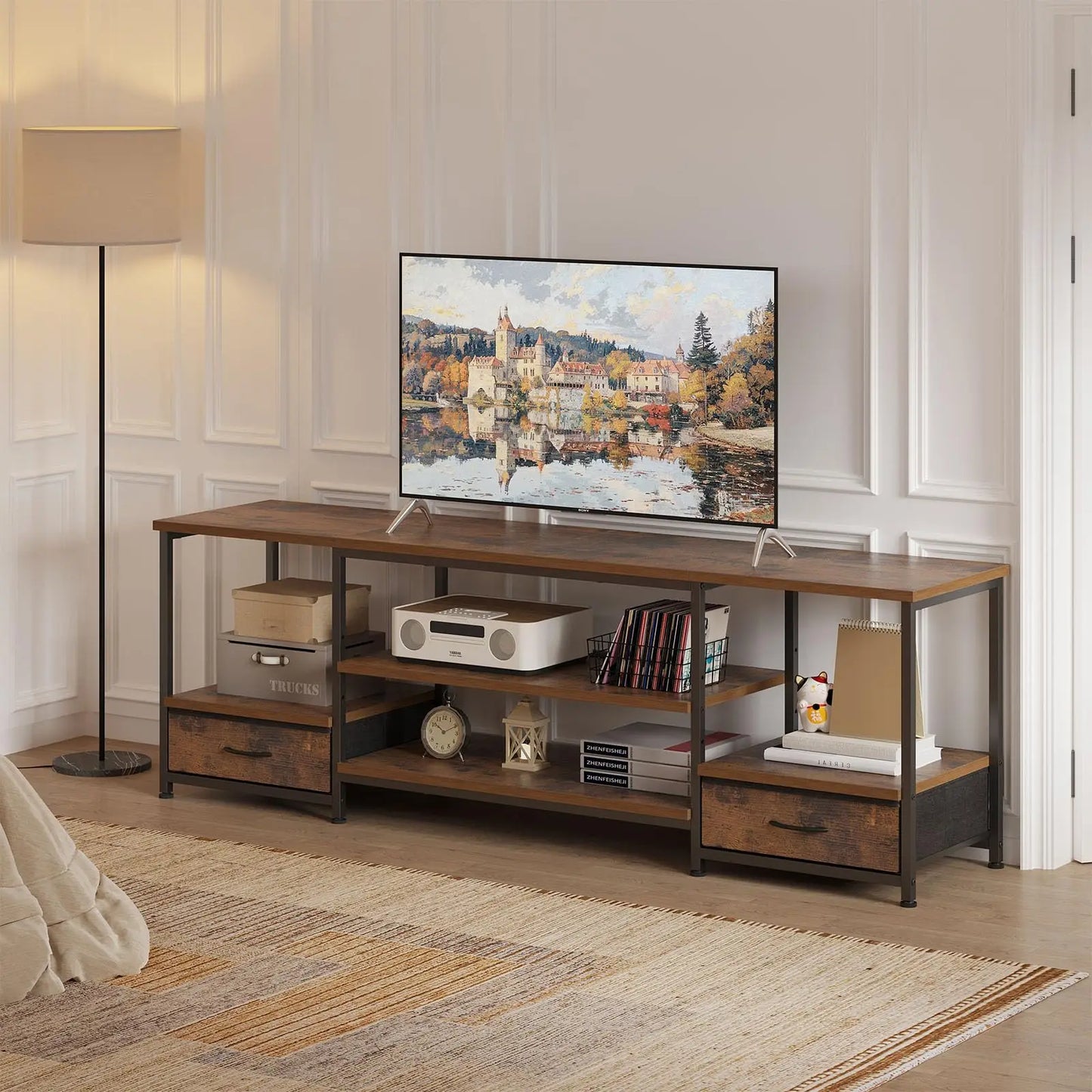 JHK Wooden TV Stand Entertainment Center With Adjustable Shelves Storage