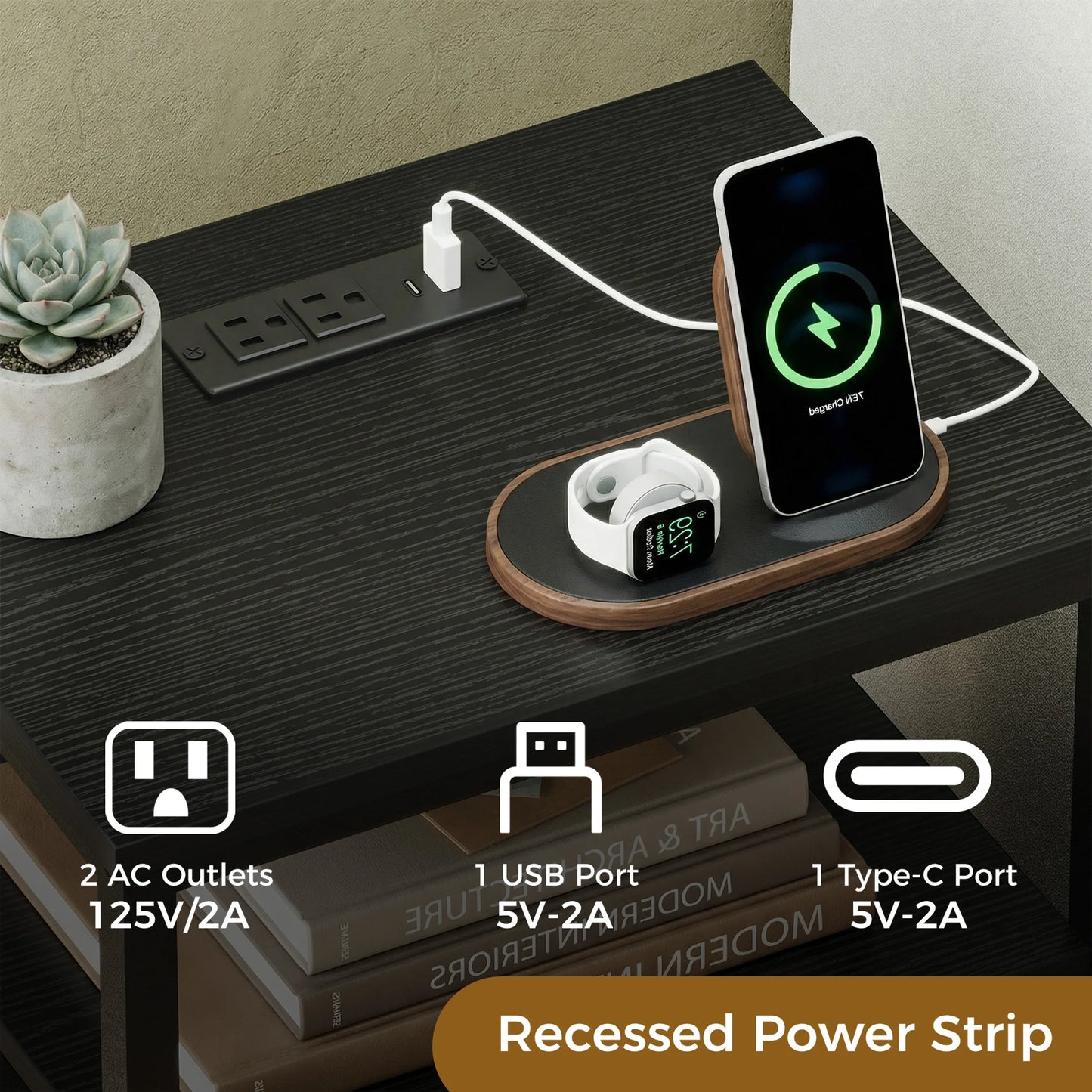 JHK Fabric Drawers Nightstand With USB Charging Station And Shelf