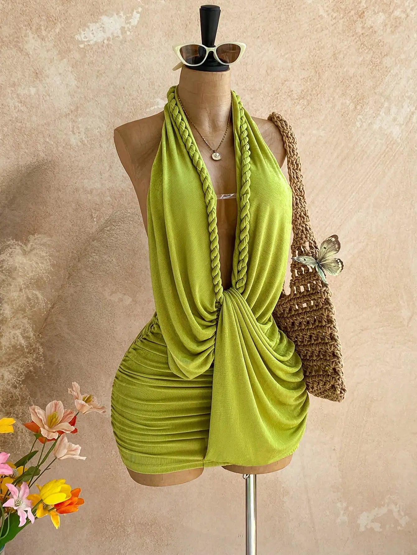 Womens Backless Halter Mini Dress Polyester For Beach Vacation