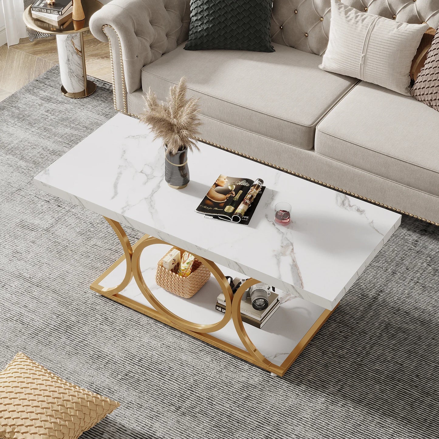 Tribesigns Rectangle Coffee Table Two Tier Faux Marble Wood
