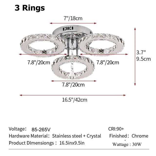 GreeLustr Modern Pendant Light LED Crystal Ring Ceiling Lamp