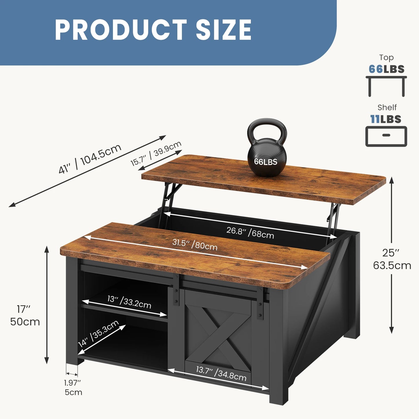 MCQ Wood Lift Top Coffee Table With Adjustable Storage Shelf