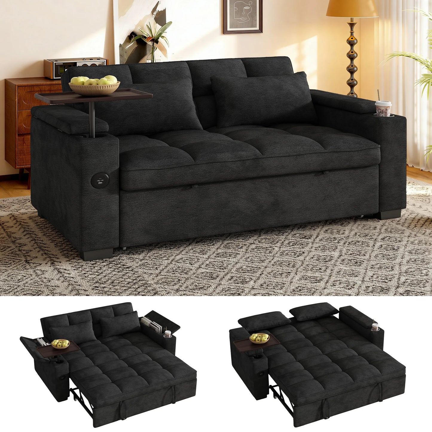 65 Inch Folding Convertible Sofa Bed With 360 Swivel Table
