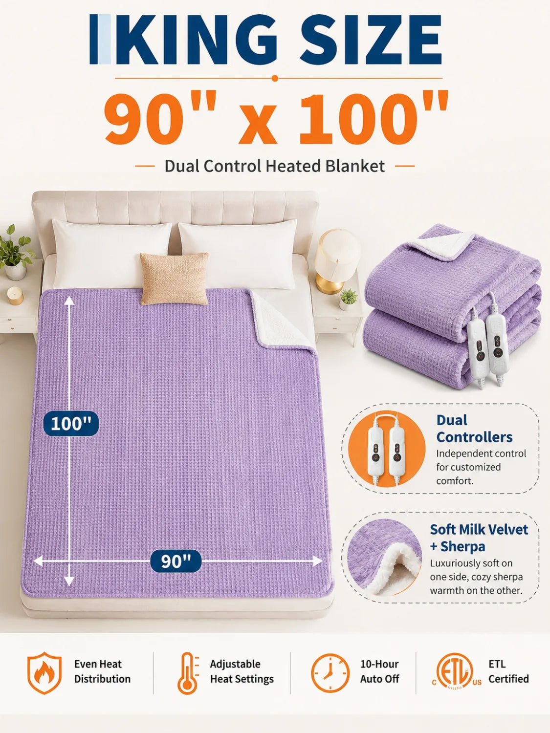 Heated Electric Blanket With Sherpa Lining And Auto Off Safety Protection