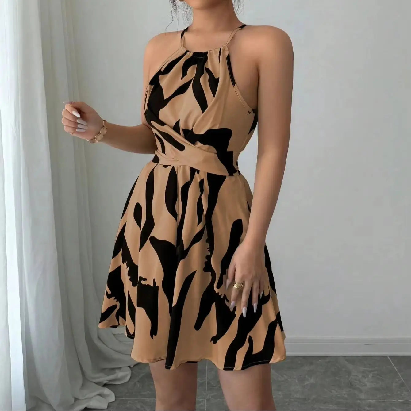 Tie Dye Print Halter Neck Dress Slim Fit High Waist