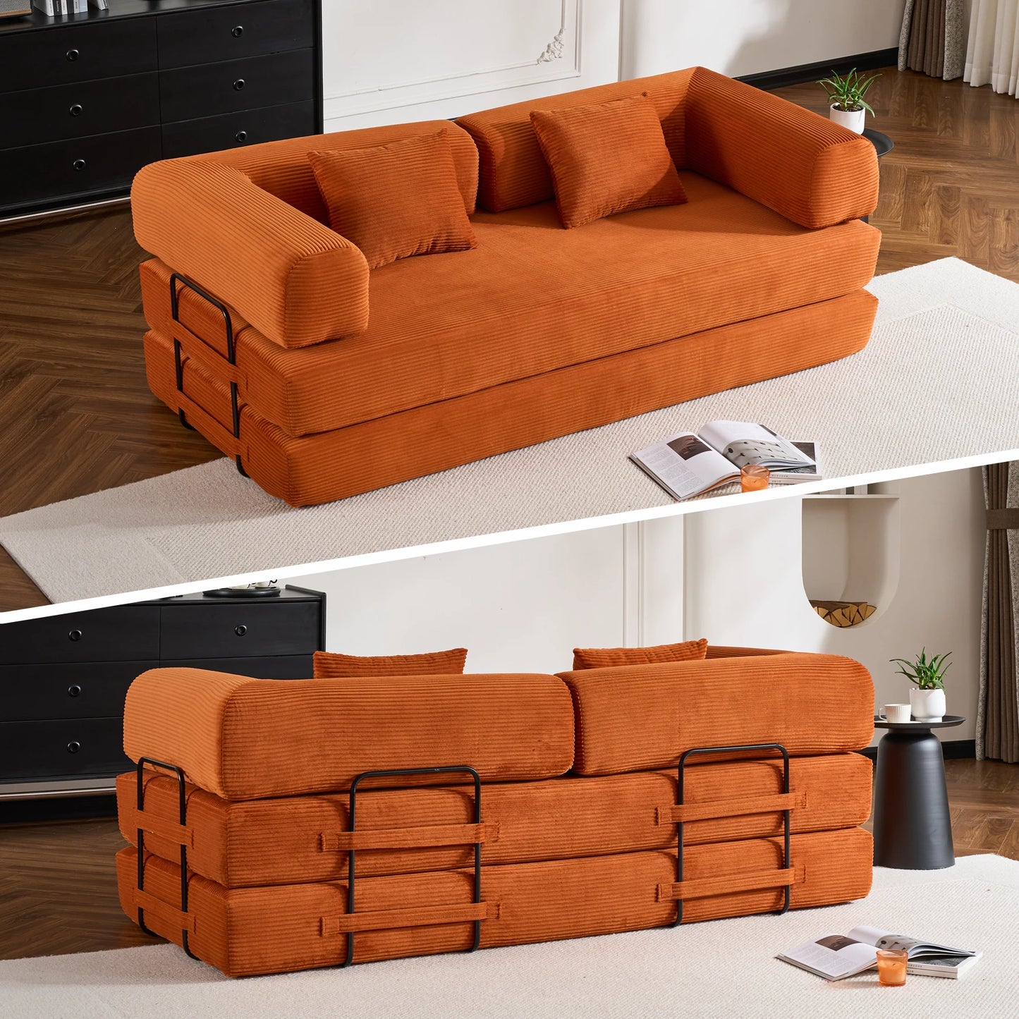 THOLASIS Folding Convertible Sofa Bed Corduroy Futon for Small Spaces