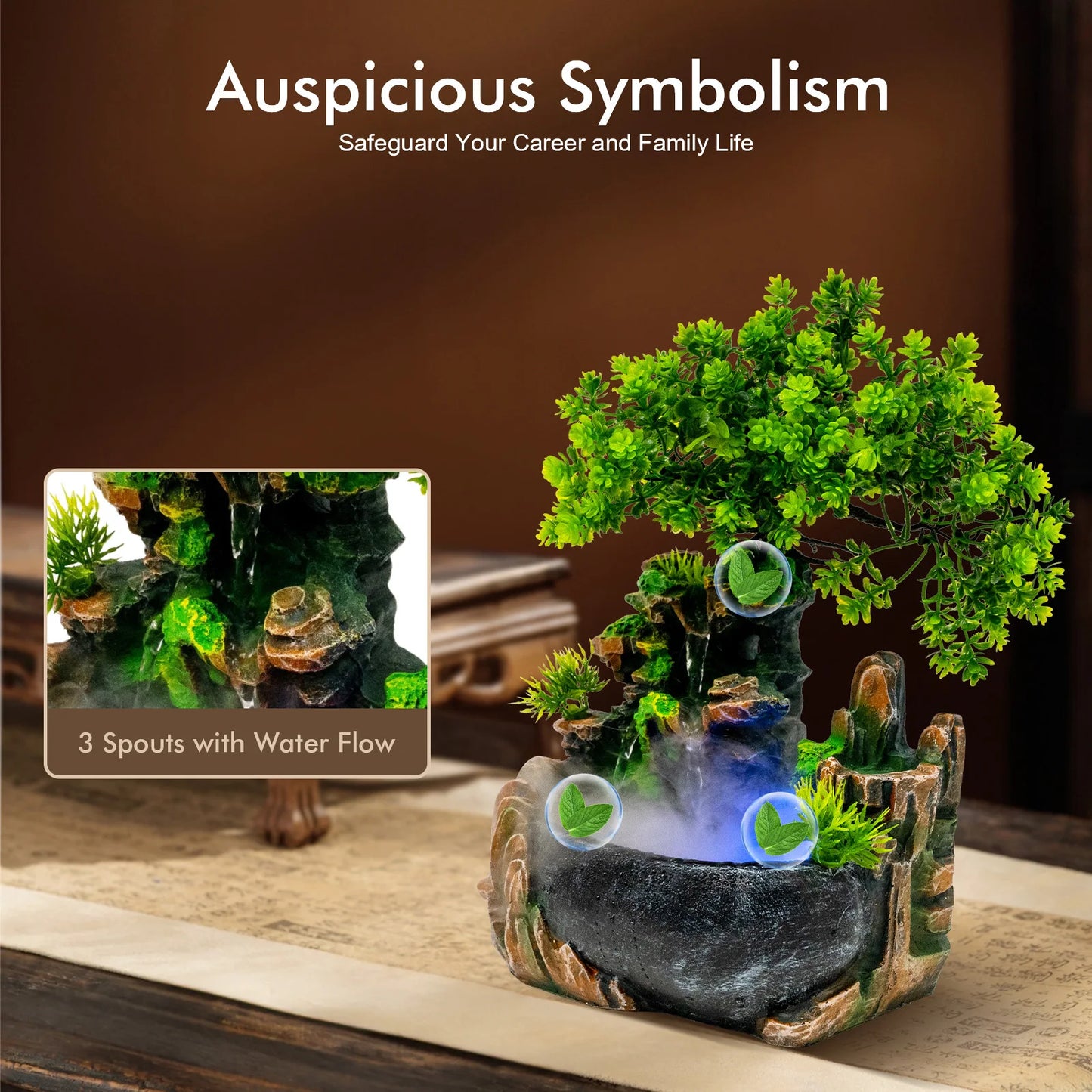 Tabletop Rockery Fountain With LED Light And Pump For Desk