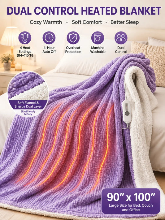 Heated Electric Blanket With Sherpa Lining And Auto Off Safety Protection