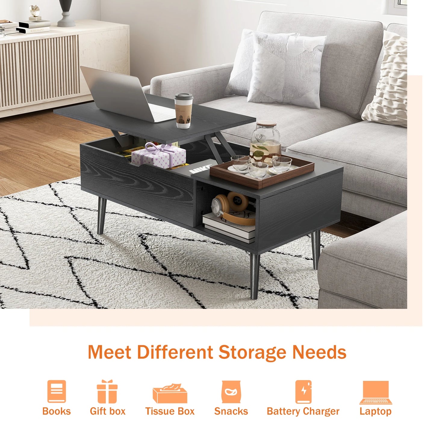 JHK Lift Top Coffee Table With Adjustable Storage Shelf For Living Room