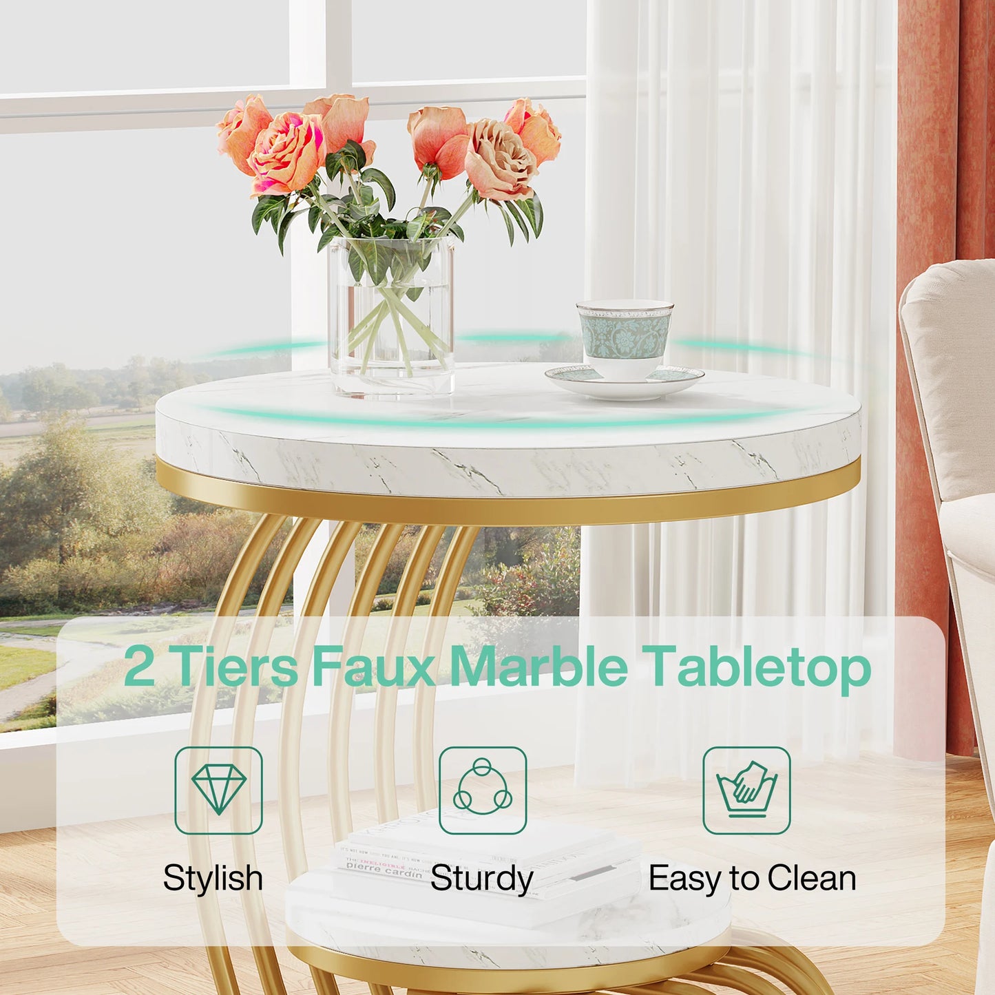 Tribesigns Round End Table Two Tier Faux Marble Shelf Nightstand