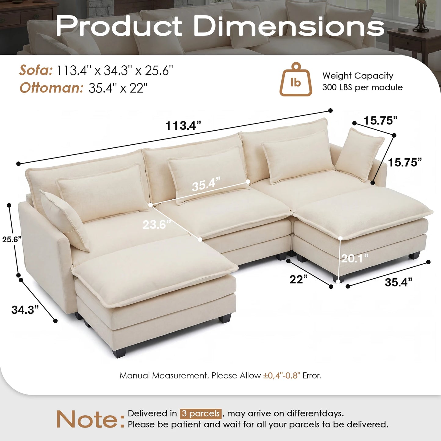 Modular Sectional Sofa With Ottoman Deep Cushioned Seating Living Room