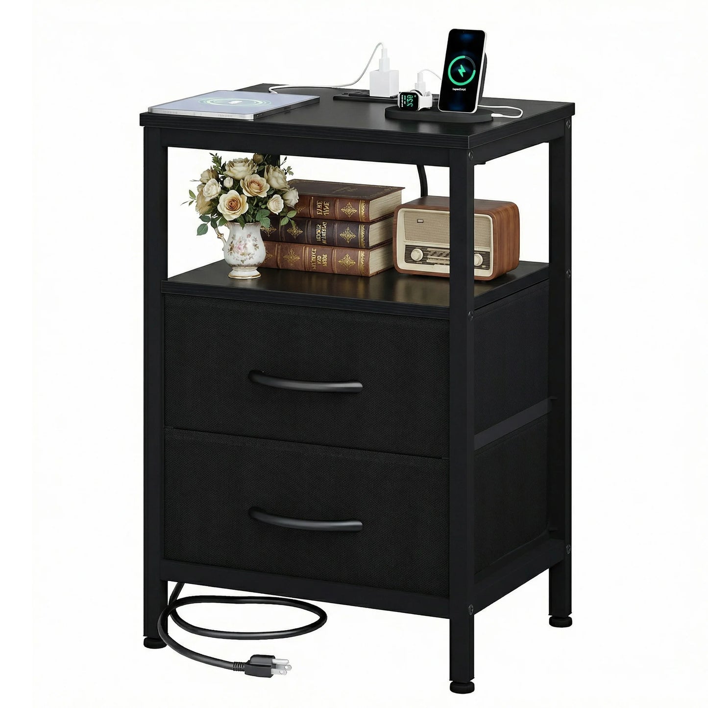 JHK Fabric Drawers Nightstand With USB Charging Station And Shelf