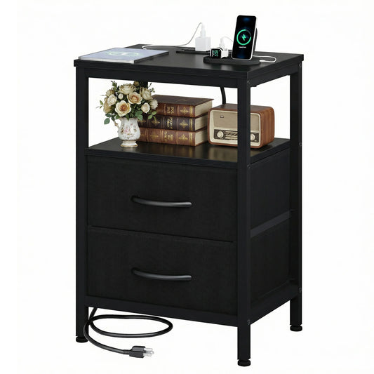 Jhk Modern Night Stand With Fabric Drawers And Usb Port