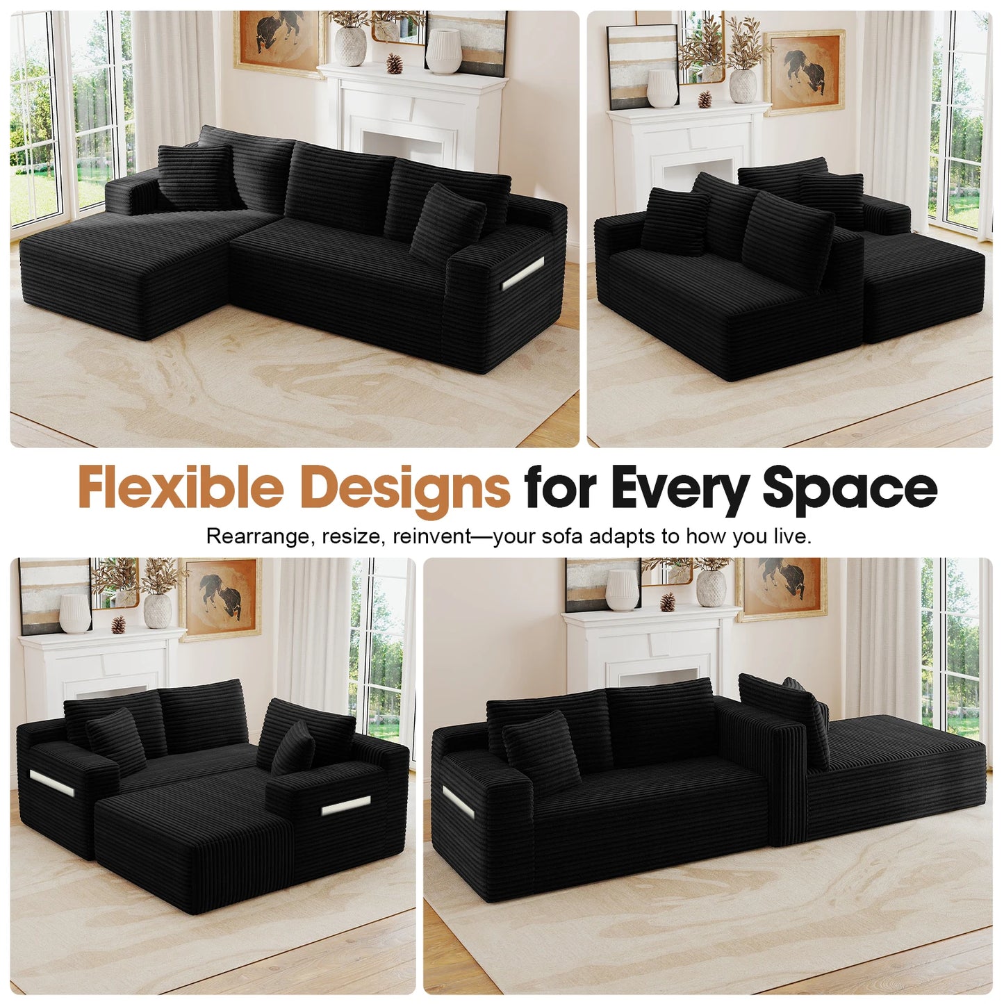Corduroy Modular Sectional Sofa L Shape Chaise For Living Room