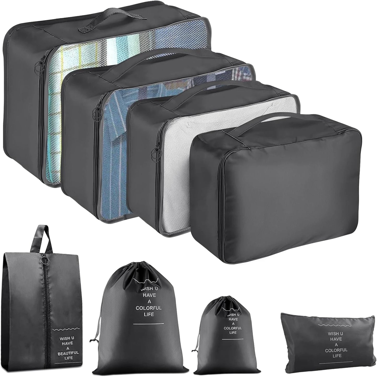8-Piece Travel Packing Cubes Set Mesh Luggage Organizer Bags