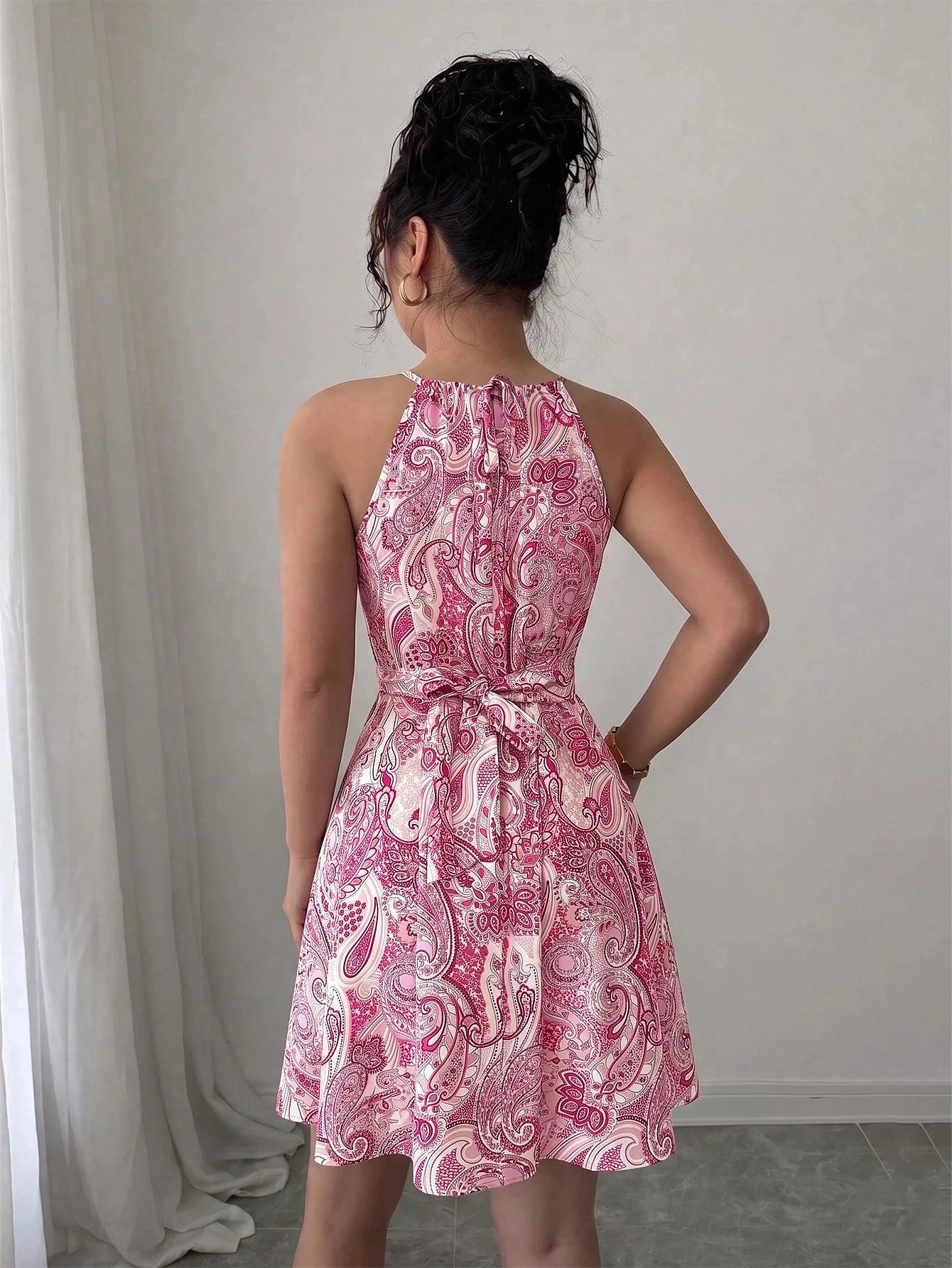 Tie Dye Print Halter Neck Dress Slim Fit High Waist