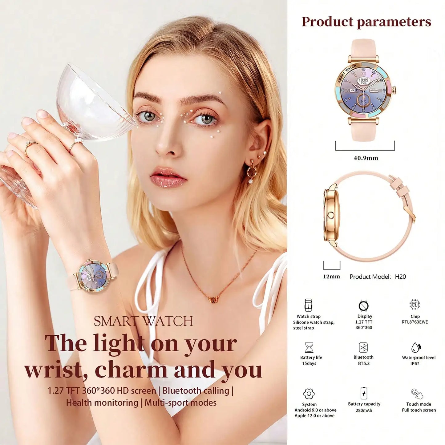 Smart Womens Watch Bluetooth Fitness Tracker Heart Rate SpO2 Waterproof