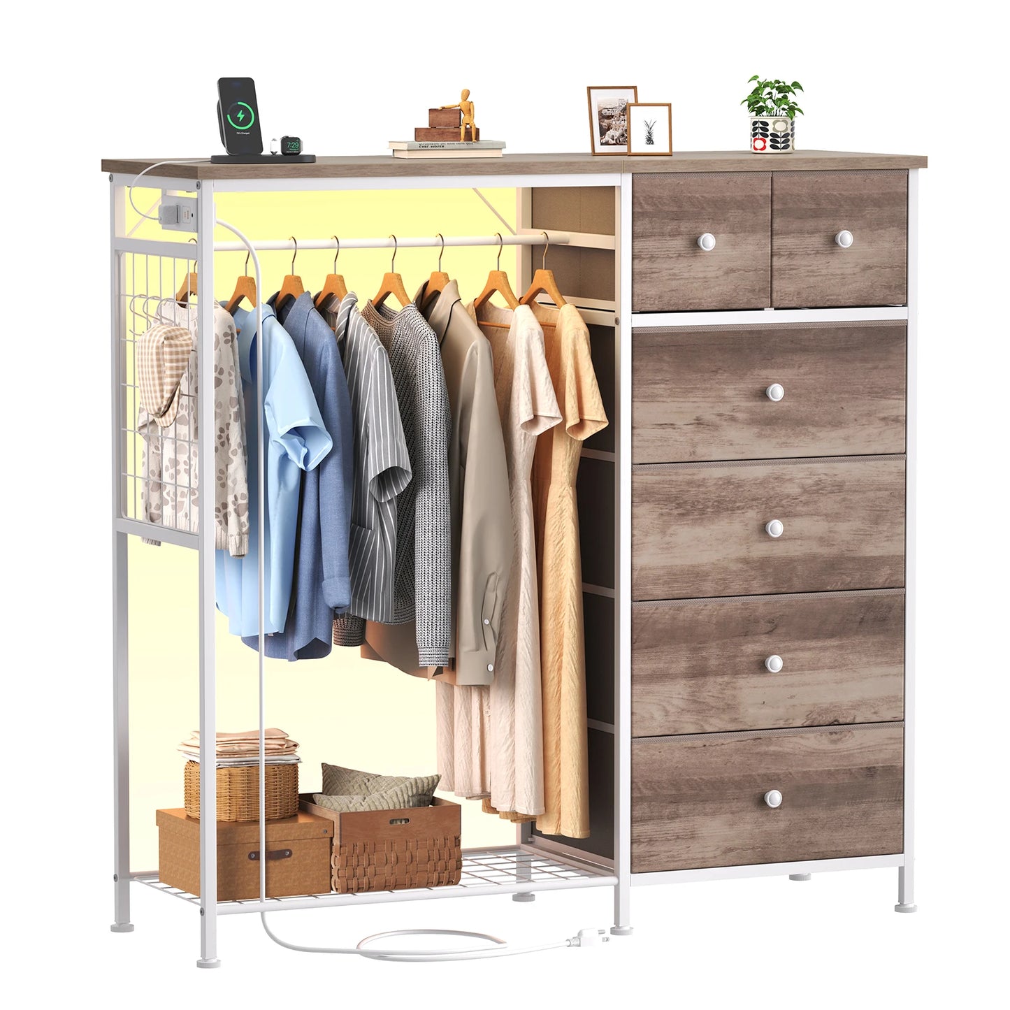 JHK Six Drawer Fabric Dresser With Hanging Rack And LED Lights