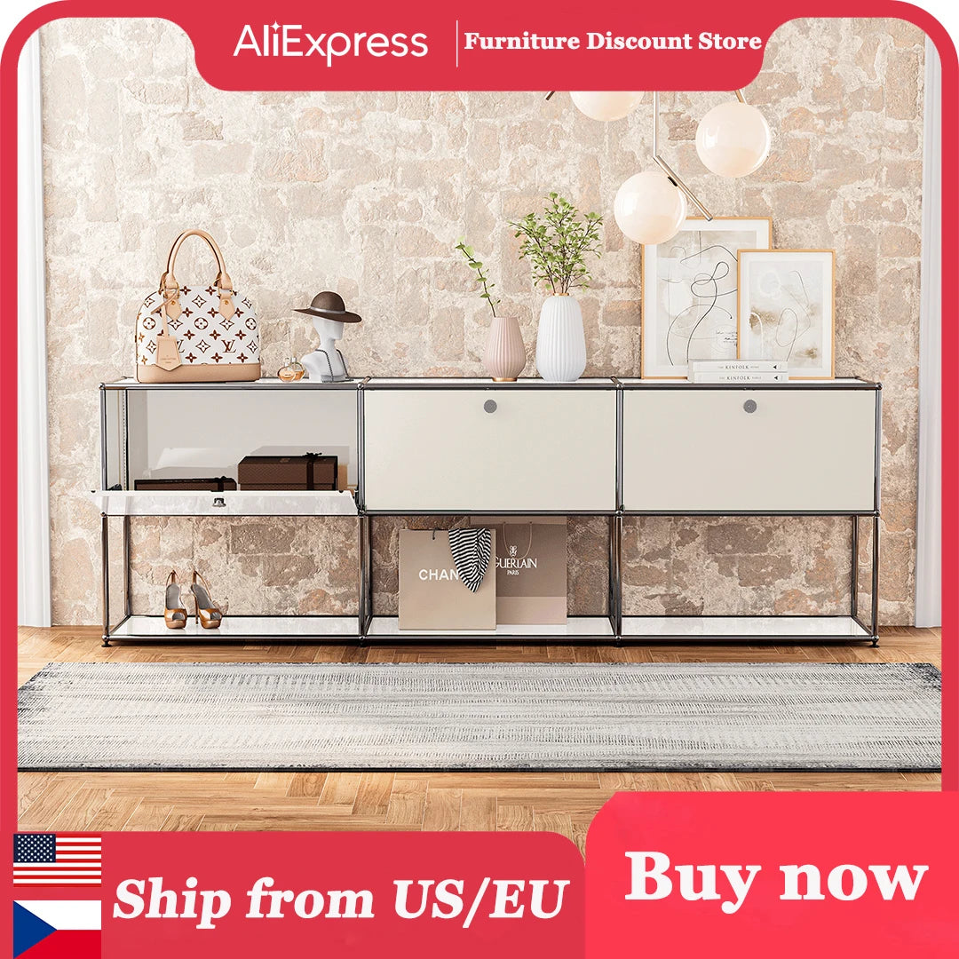 Living Room Storage Cabinet Sideboard Shelf Unit Stainless Steel Metal