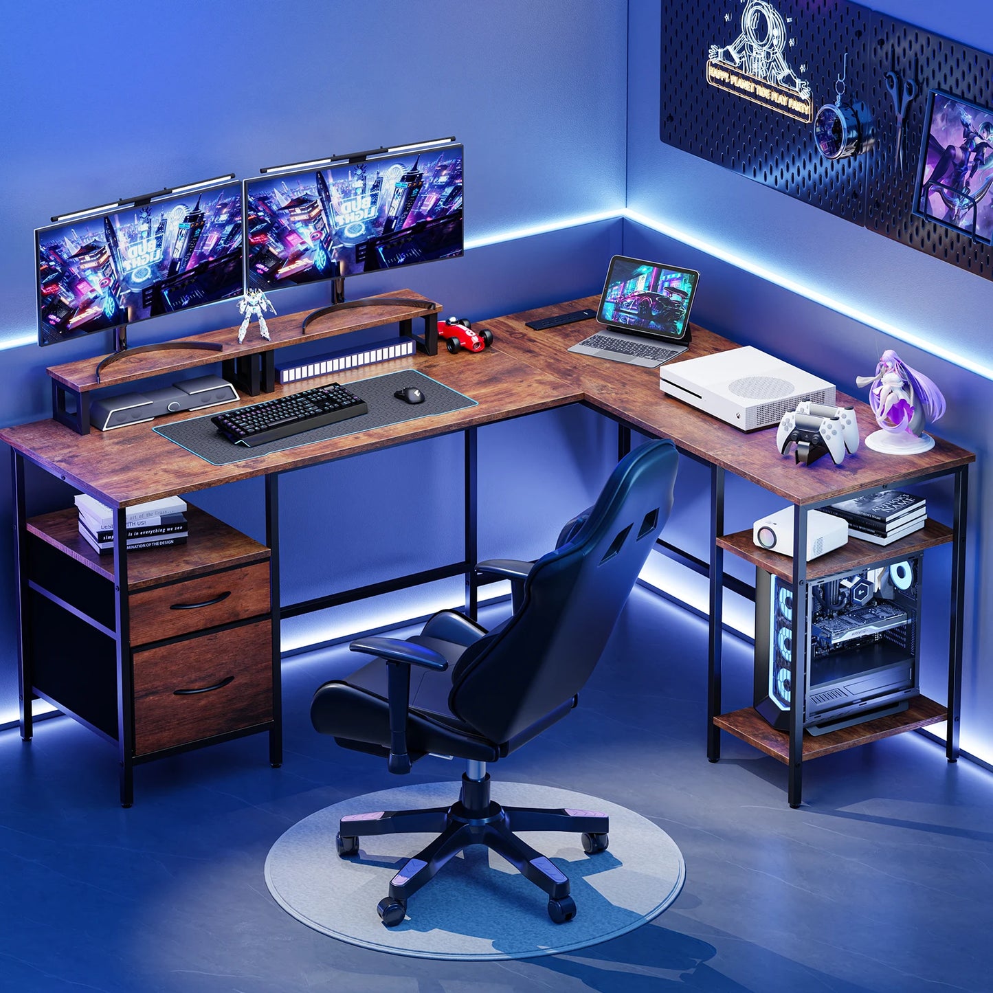 JHK L Shaped Desk With Two Drawers And Charging Station
