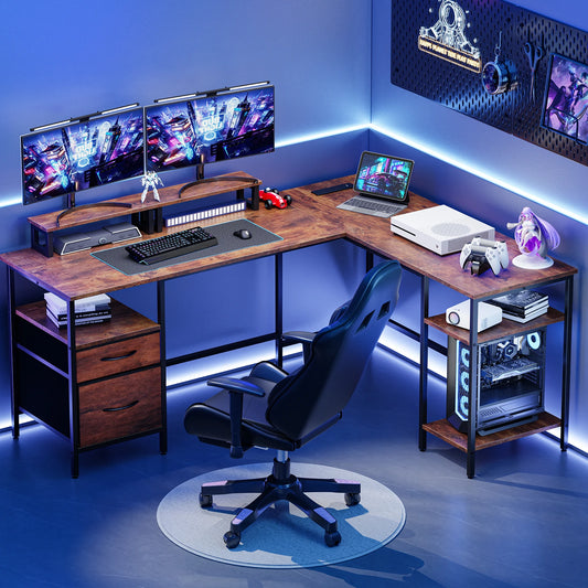 JHK L Shaped Desk With Two Drawers And Charging Station