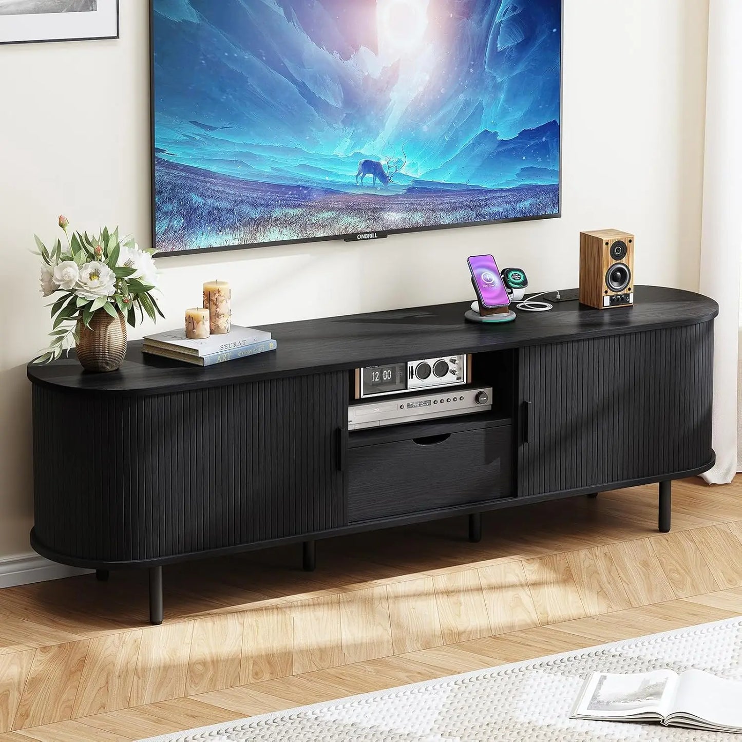 ONBRILL TV Stand With Power Outlet And Adjustable Shelves