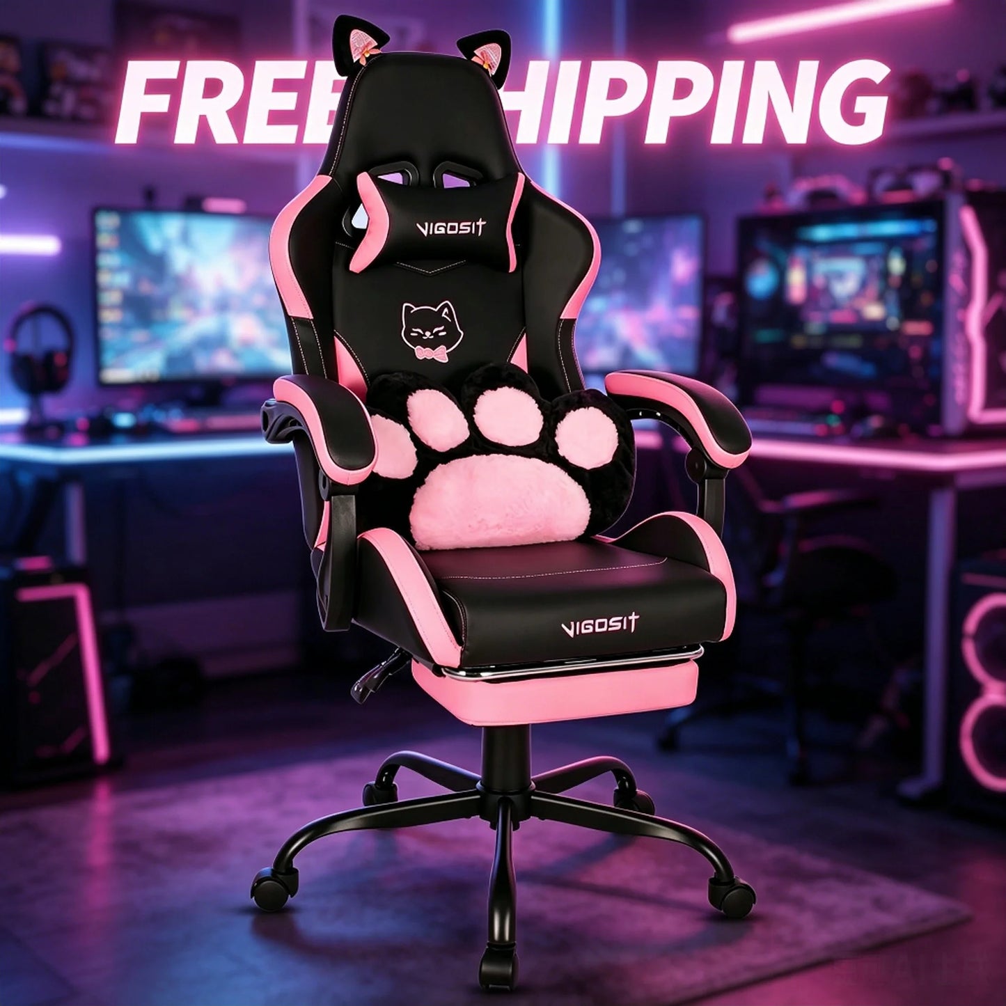 VIGOSIT Ergonomic Computer Chair With Footrest Headrest Cat Ears Massage Lumbar