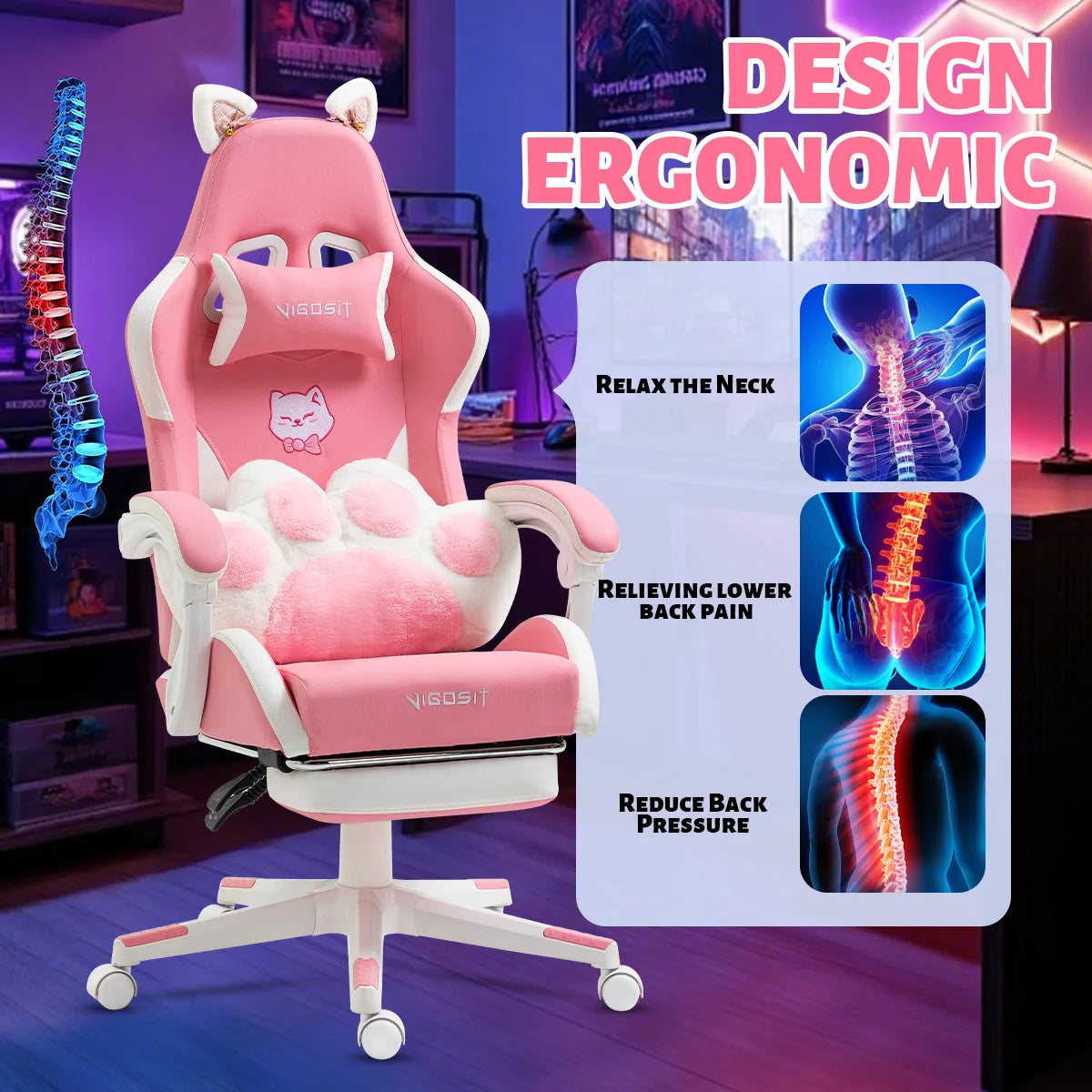 VIGOSIT Ergonomic Computer Chair With Footrest Headrest Cat Ears Massage Lumbar